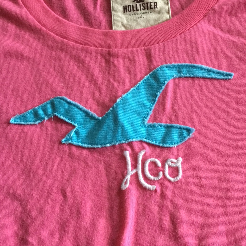 Hollister S/S pink t-shirt with blue bird & Hco across front Sz Medium - Picture 2 of 6